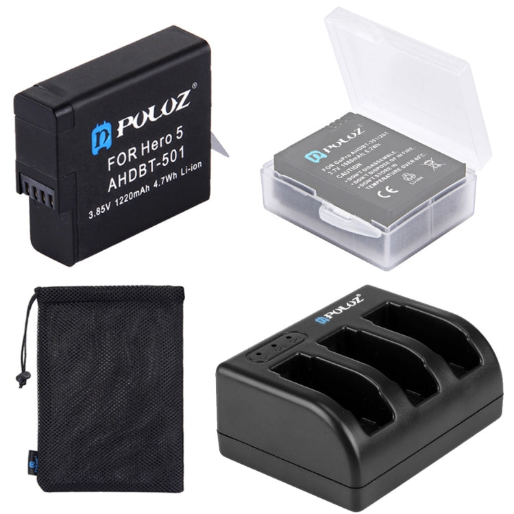 PULUZ 4 in 1 AHDBT-501 3.85V 1220mAh Battery + AHDBT-501 3-channel Battery Charger + Mesh Storage Bag + Battery Storage Box Kits for GoPro HERO7 /6 /5