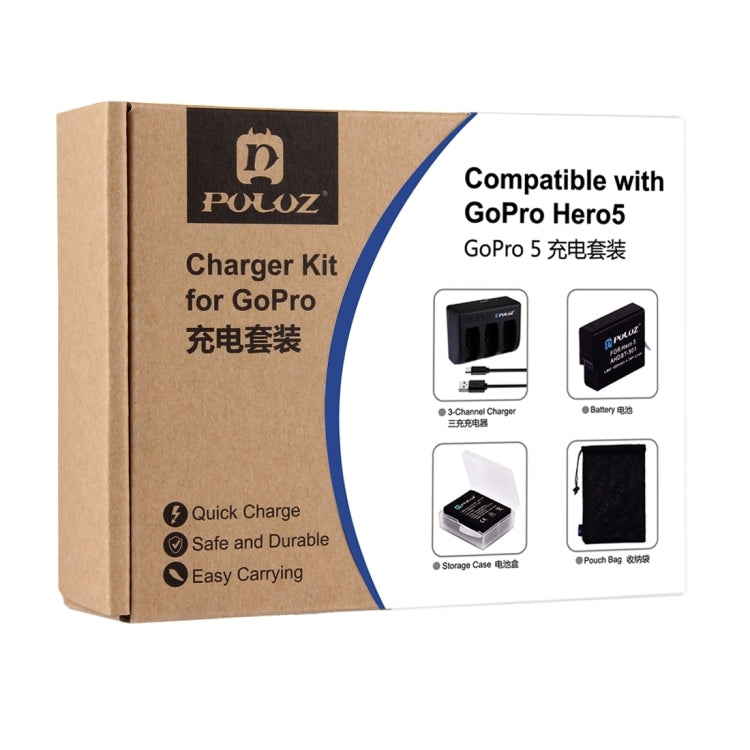 PULUZ 4 in 1 AHDBT-501 3.85V 1220mAh Battery + AHDBT-501 3-channel Battery Charger + Mesh Storage Bag + Battery Storage Box Kits for GoPro HERO7 /6 /5