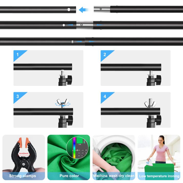 PULUZ 2x2m T-Shape Photo Studio Background Support Stand Backdrop Crossbar Bracket Kit with Clips