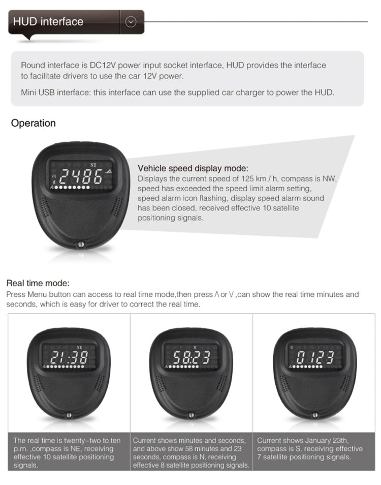 A1 2.0 inch Car GPS HUD Head Up Display Vehicle-mounted Security System, Support Speed & Real Time & Altitude & Over Speed Alarm & Compass & MPH & Auto Sleeping & KM & Satellite Signal