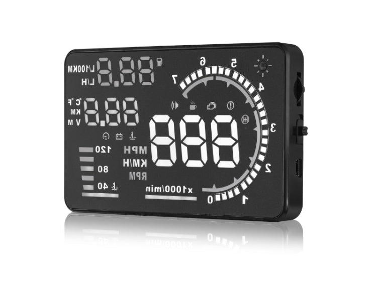 A8 5.5 inch Car OBDII HUD Warning System Vehicle-mounted Head Up Display Projector with LED, Support Fuel Consumption & Over Speed Alarm & Water Temperature & Fault Diagnosis