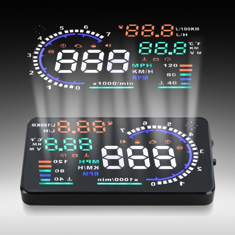 A8 5.5 inch Car OBDII HUD Warning System Vehicle-mounted Head Up Display Projector with LED, Support Fuel Consumption & Over Speed Alarm & Water Temperature & Fault Diagnosis