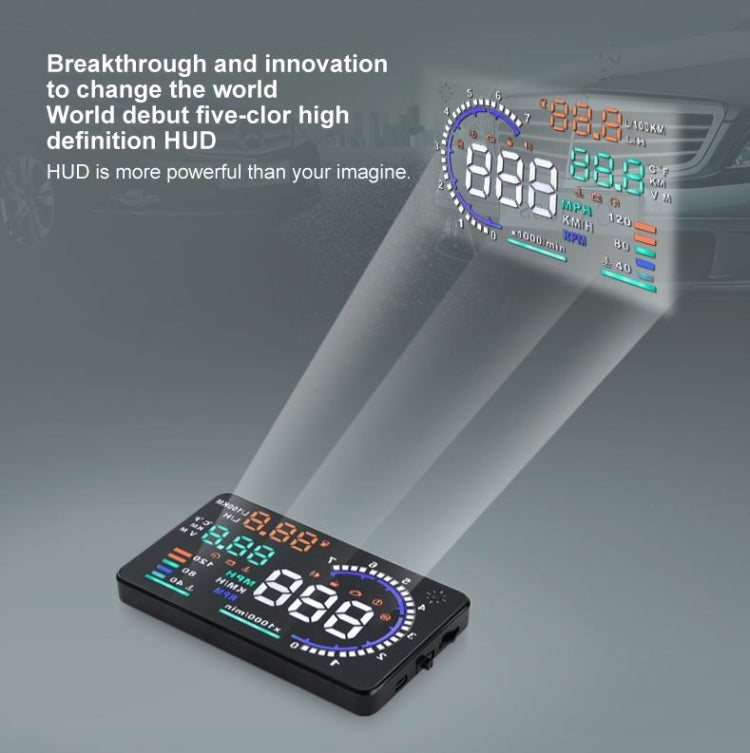 A8 5.5 inch Car OBDII HUD Warning System Vehicle-mounted Head Up Display Projector with LED, Support Fuel Consumption & Over Speed Alarm & Water Temperature & Fault Diagnosis