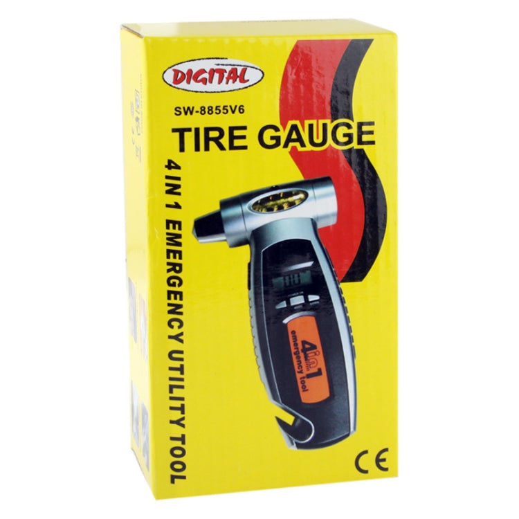 (Digital Tire Gauge + Flashlight + Emergency Hammer + Emergency Seat Belt Cutter) Emergency Utility Tool, 4 in 1