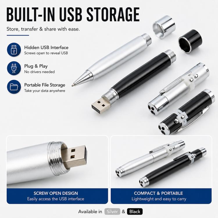3 in 1 Laser Pen Style USB Flash Disk, Silver (16GB)