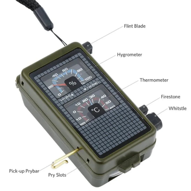 (Thermometer, Hygrometer, LED light, Reflector, Spirit level, Compass, Whistle, Flint, Magnifier, Ruler) Multi-Function Portable Compass, 10 in 1