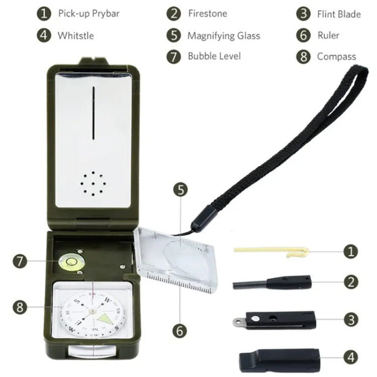 (Thermometer, Hygrometer, LED light, Reflector, Spirit level, Compass, Whistle, Flint, Magnifier, Ruler) Multi-Function Portable Compass, 10 in 1