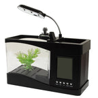 USB Desktop Aquarium Mini Fish Tank with Running Water and 6 LED Light, LCD Clock Display with Calendar, Time and Alarm (Holds 1.5 Quarts of Water)