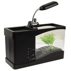 USB Desktop Aquarium Mini Fish Tank with Running Water and 6 LED Light, LCD Clock Display with Calendar, Time and Alarm (Holds 1.5 Quarts of Water)