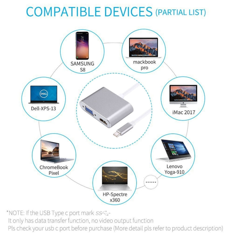 2 in 1 VGA & HDMI Female to USB-C / Type-C Male Hub Splitter Adapter