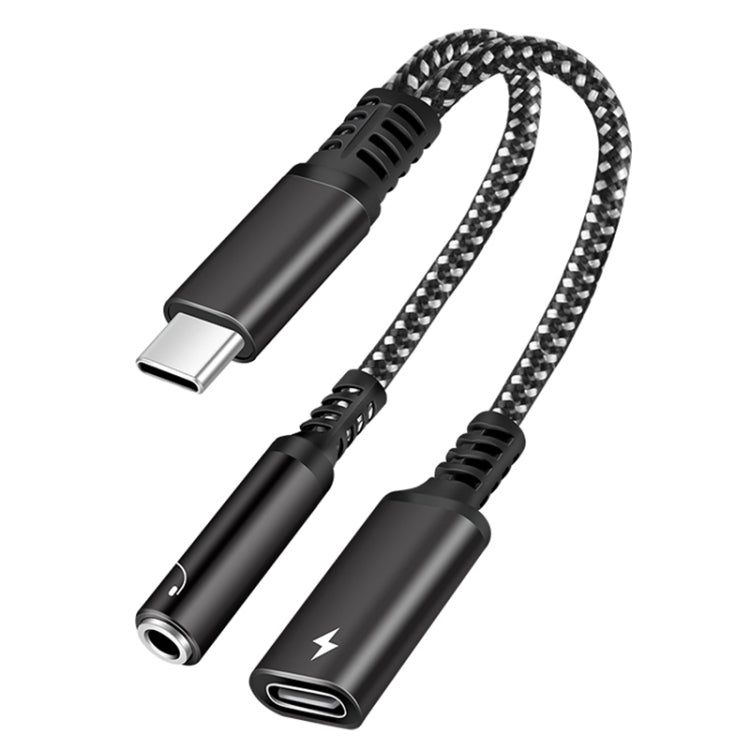 2 in 1 USB-C / Type-C Male to PD 60W USB-C / Type-C Charging + 3.5mm Audio Female Earphone Adapter — Silver