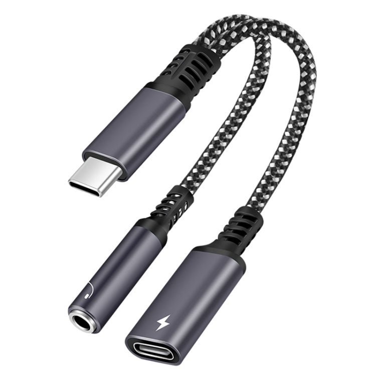 2 in 1 USB-C / Type-C Male to PD 60W USB-C / Type-C Charging + 3.5mm Audio Female Earphone Adapter — Black