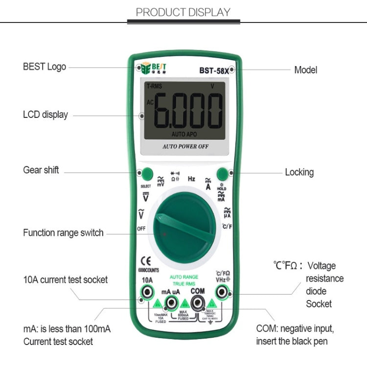 BEST BST-58X Multi-function Digital Multimeter Automatic Range Four Position Semi Backlight Display Intelligent Anti Burning