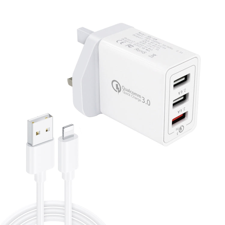 SDC-30W 2 in 1 USB to 8 Pin Data Cable + 30W QC 3.0 USB + 2.4A Dual USB 2.0 Ports Mobile Phone Tablet PC Universal Quick Charger Travel Charger Set, with 8 Pin Cable, UK Plug