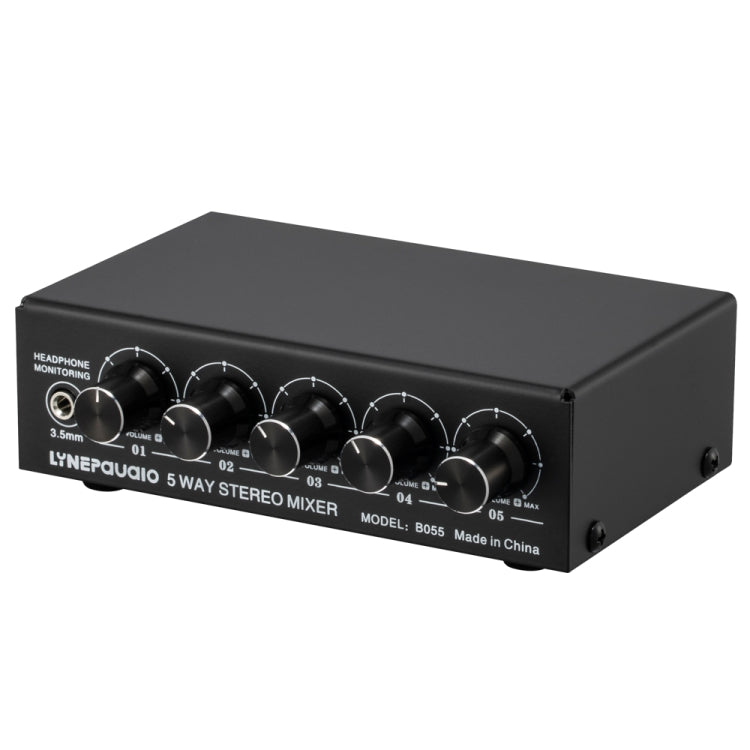 B055 5-Channel Active Stereo Mixer Multi-Channel Mixer with Independent Volume Adjustment & USB 5V Power Output & Headphone Monitoring, US Plug