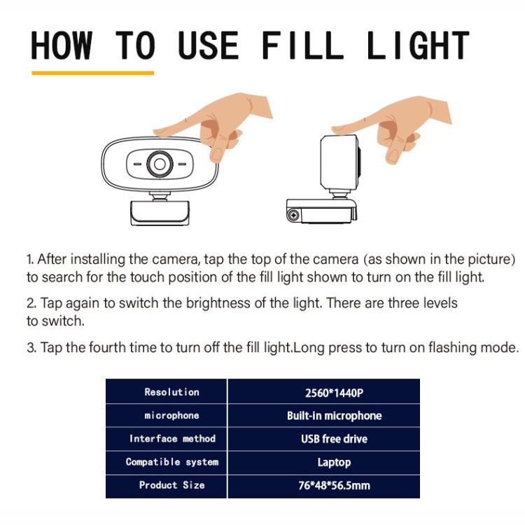 C10 2K HD Without Distortion 360 Degrees Rotate Three-speed Fill Light USB Free Drive Webcams, Built-in Sound Clearer Microphone