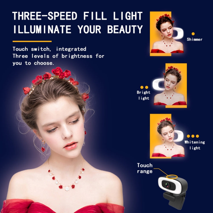 C10 2K HD Without Distortion 360 Degrees Rotate Three-speed Fill Light USB Free Drive Webcams, Built-in Sound Clearer Microphone
