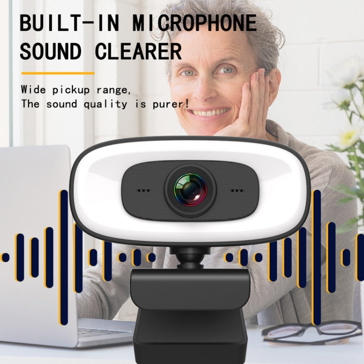 C10 2K HD Without Distortion 360 Degrees Rotate Three-speed Fill Light USB Free Drive Webcams, Built-in Sound Clearer Microphone