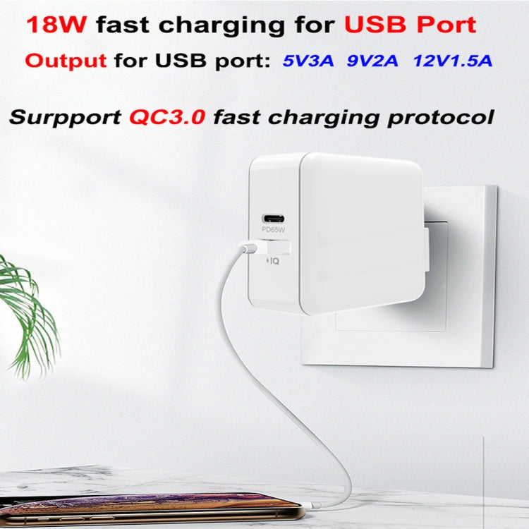 PD-65W USB-C / Type-C + QC3. 0 USB Laptop Charging Adapter + 1.8m USB-C / Type-C to MagSafe 1 / L Head Data Cable, MagSafe 1 / L Cable, UK Plug / US Plug