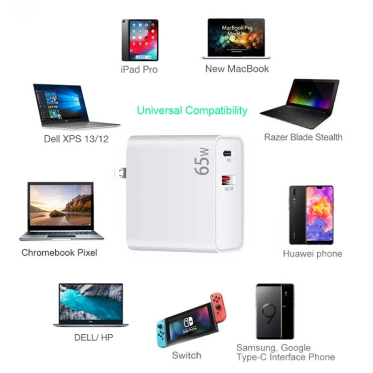 PD-65W USB-C / Type-C + QC3. 0 USB Laptop Charging Adapter + 1.8m USB-C / Type-C to MagSafe 1 / L Head Data Cable, MagSafe 1 / L Cable, UK Plug / US Plug