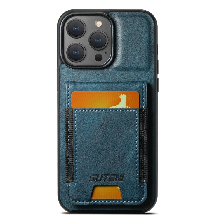 Suteni H03 Oil Wax Leather Wallet Stand Back Phone Case — Blue