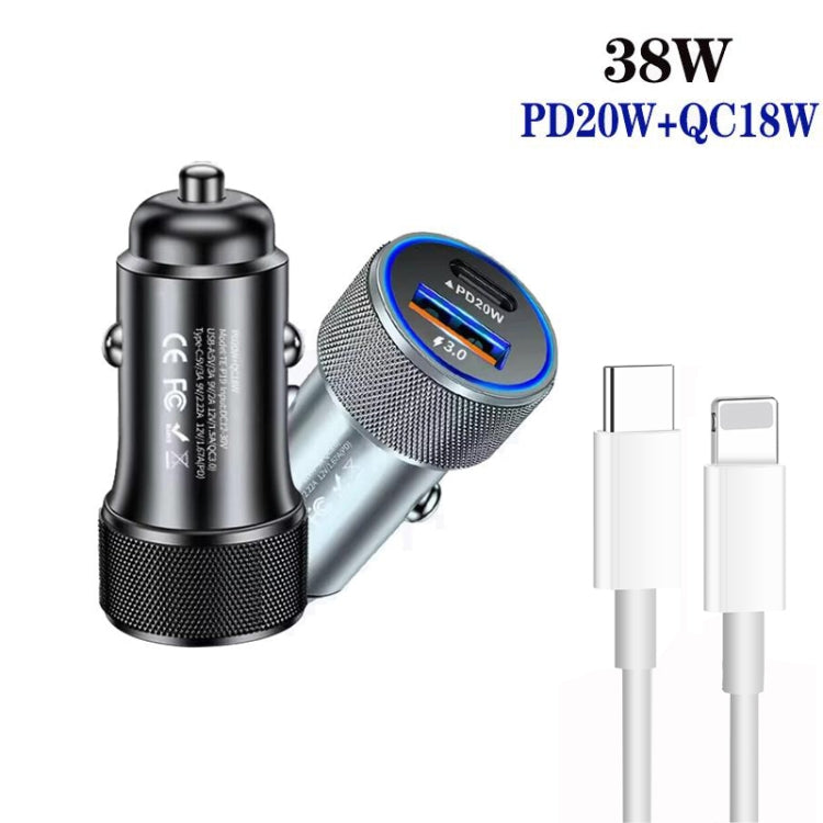 P19 Metal PD20W USB-C + QC18W USB Car Charger with Type-C to 8 Pin Date Cable — Silver Gray