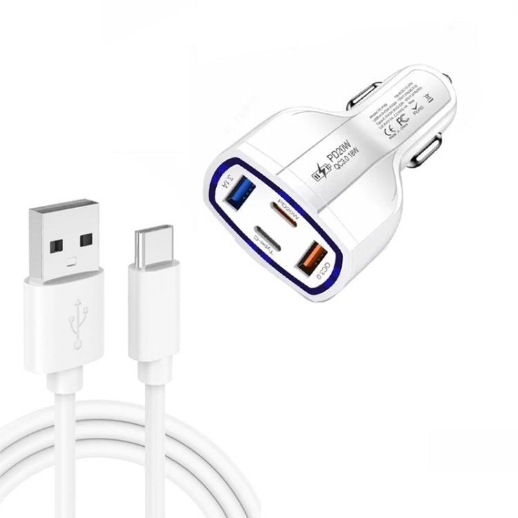 P49 53W PD20W Type-C + USB 4-port Car Charger with USB to Type-C Data Cable