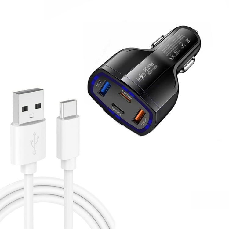 P49 53W PD20W Type-C + USB 4-port Car Charger with USB to Type-C Data Cable — White