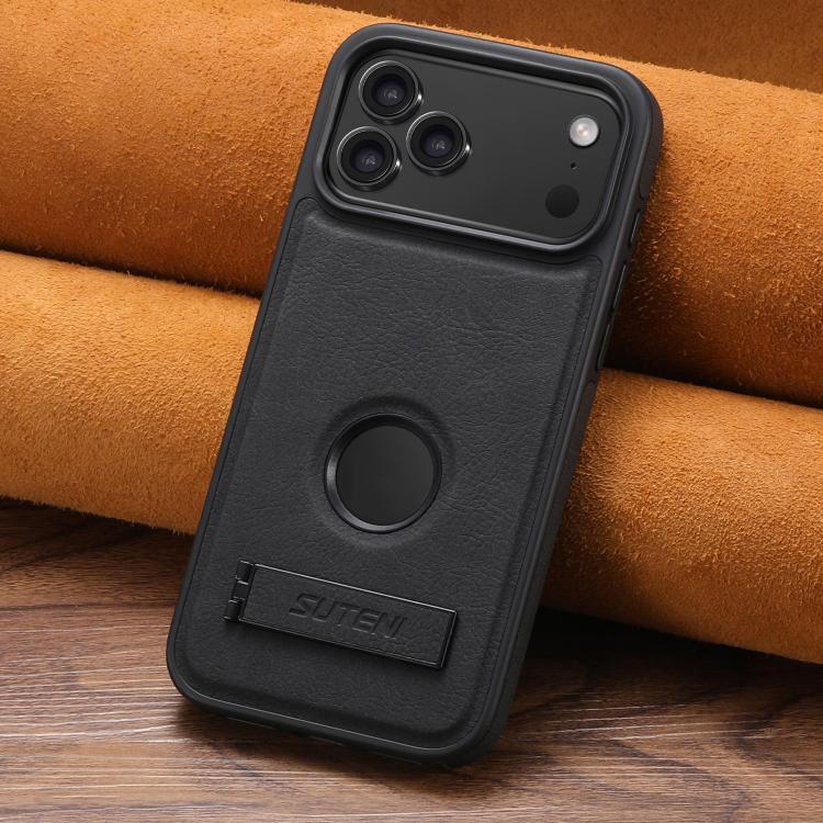 Suteni G2 Magsafe Litchi Texture Leather Back Phone Case with Holder — For iPhone 18 Pro
