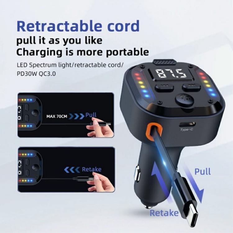 C69 PD 30W Fast Charger FM Transmitter Bluetooth Car Charger with Type-C Extendable Cable — view 4