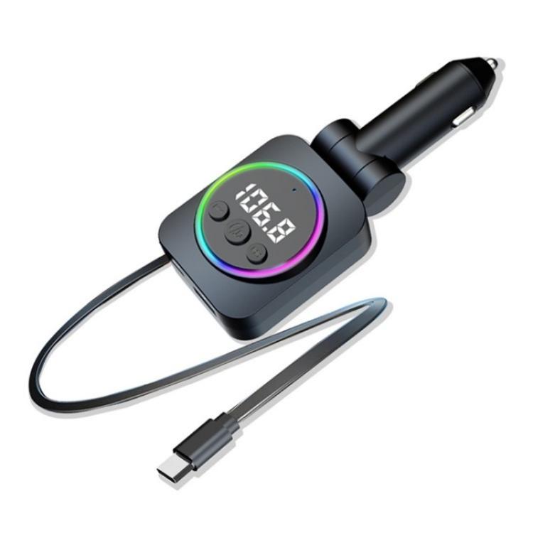 C76 Retractable Cable PD 30W Car Charger Cigarette Lighter Adapter Bluetooth FM Transmitter