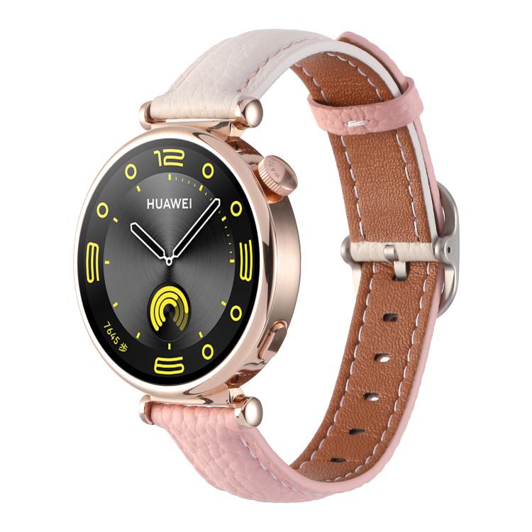 18mm Litchi Texture Square Buckle Genuine Leather Watch Band — White+Yellow