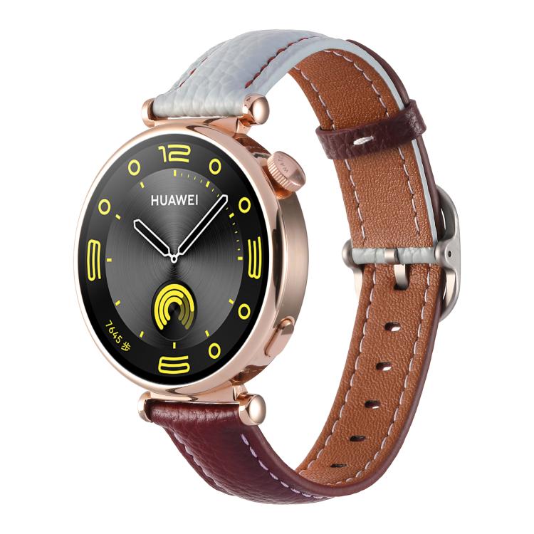 18mm Litchi Texture Square Buckle Genuine Leather Watch Band — Purple+Brown