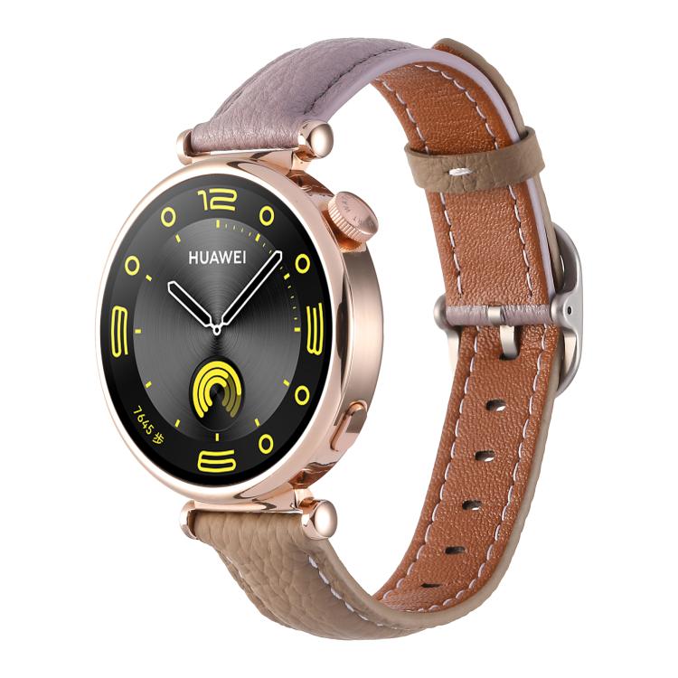 18mm Litchi Texture Square Buckle Genuine Leather Watch Band — Gray+Pink