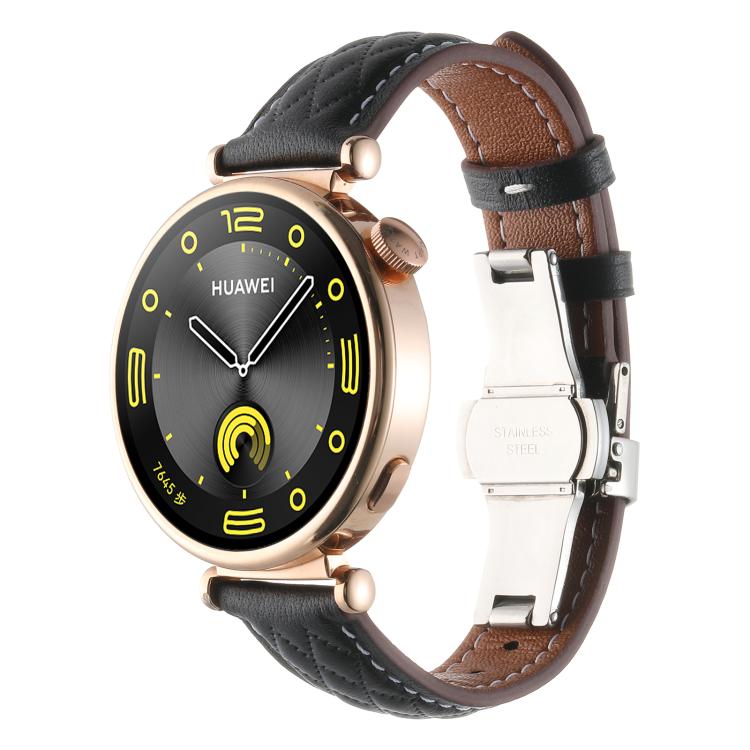 18mm Diamond Pattern Butterfly Buckle Genuine Leather Watch Band