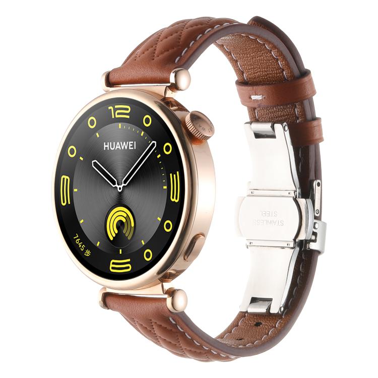 18mm Diamond Pattern Butterfly Buckle Genuine Leather Watch Band — Coffee