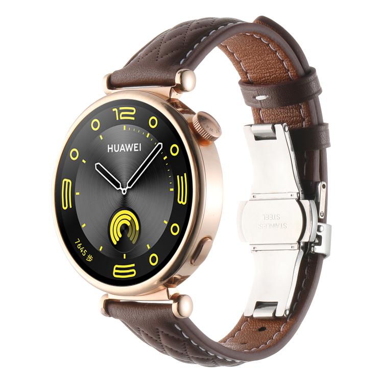 18mm Diamond Pattern Butterfly Buckle Genuine Leather Watch Band — Dark Green