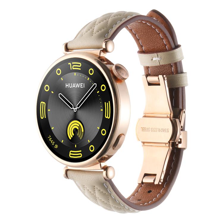 18mm Diamond Pattern Butterfly Buckle Genuine Leather Watch Band — Dark Gray