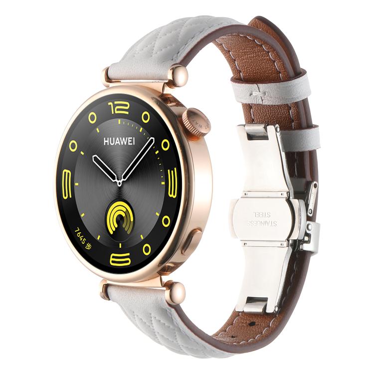 18mm Diamond Pattern Butterfly Buckle Genuine Leather Watch Band — Apricot