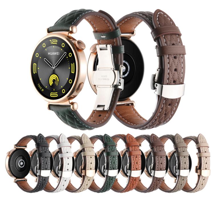 18mm Diamond Pattern Butterfly Buckle Genuine Leather Watch Band