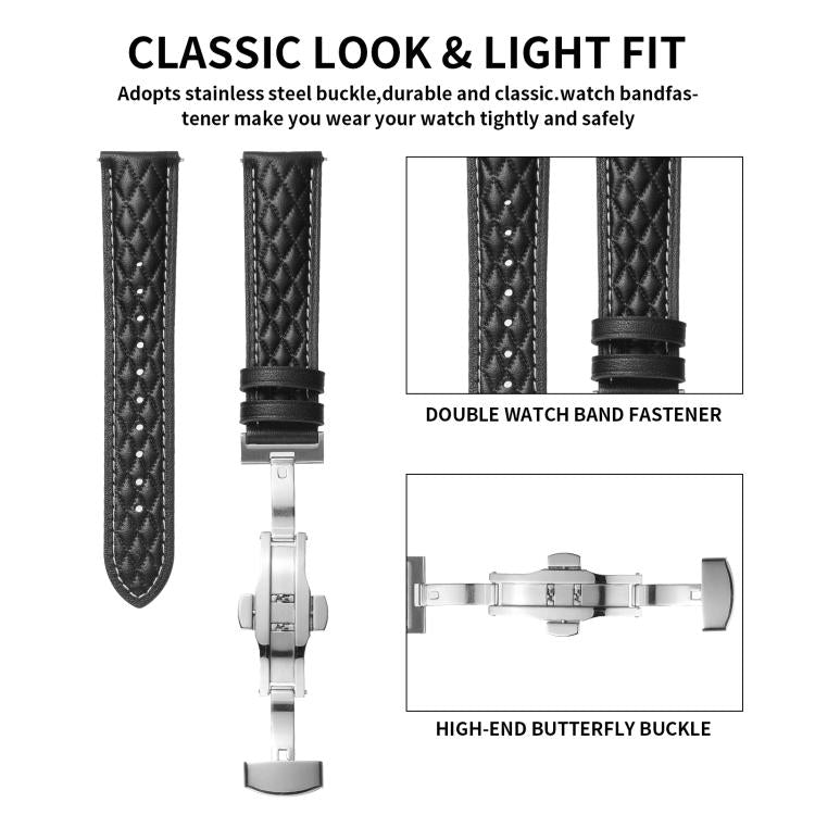 18mm Diamond Pattern Butterfly Buckle Genuine Leather Watch Band