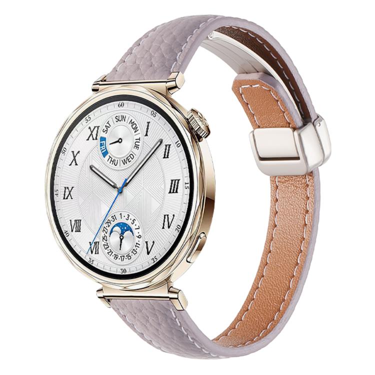 Slim Litchi Texture Fold Magnetic Buckle Genuine Leather Watch Band — Mist Purple