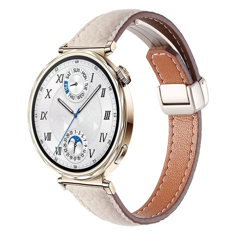 Slim Litchi Texture Fold Magnetic Buckle Genuine Leather Watch Band — Starlight