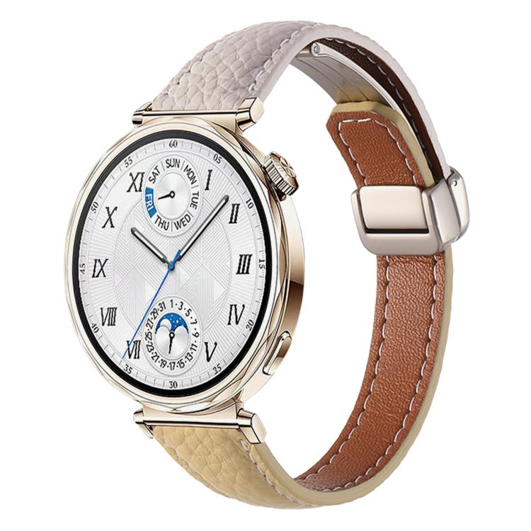 Slim Litchi Texture Fold Magnetic Buckle Genuine Leather Watch Band — Black