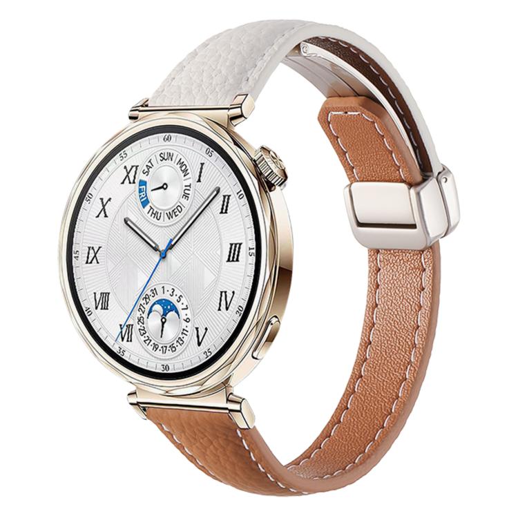 Slim Litchi Texture Fold Magnetic Buckle Genuine Leather Watch Band — Bronze
