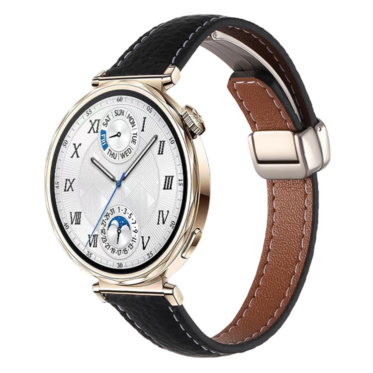 Slim Litchi Texture Fold Magnetic Buckle Genuine Leather Watch Band — Brown