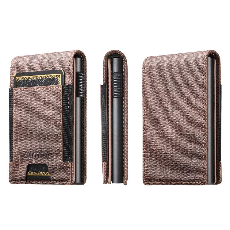 The Suteni denim pattern button automatically pops out the elastic band card box — view 6