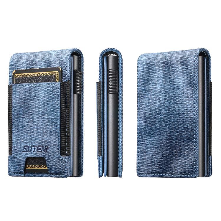 The Suteni denim pattern button automatically pops out the elastic band card box — view 7