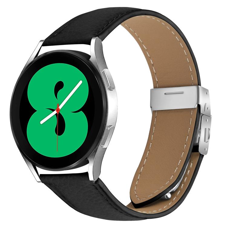 Lychee Texture Silver Turtle Back Buckle Leather Watch Band — Black