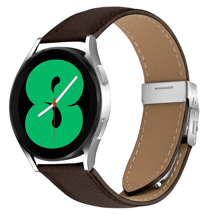 Lychee Texture Silver Turtle Back Buckle Leather Watch Band — Coffee Color